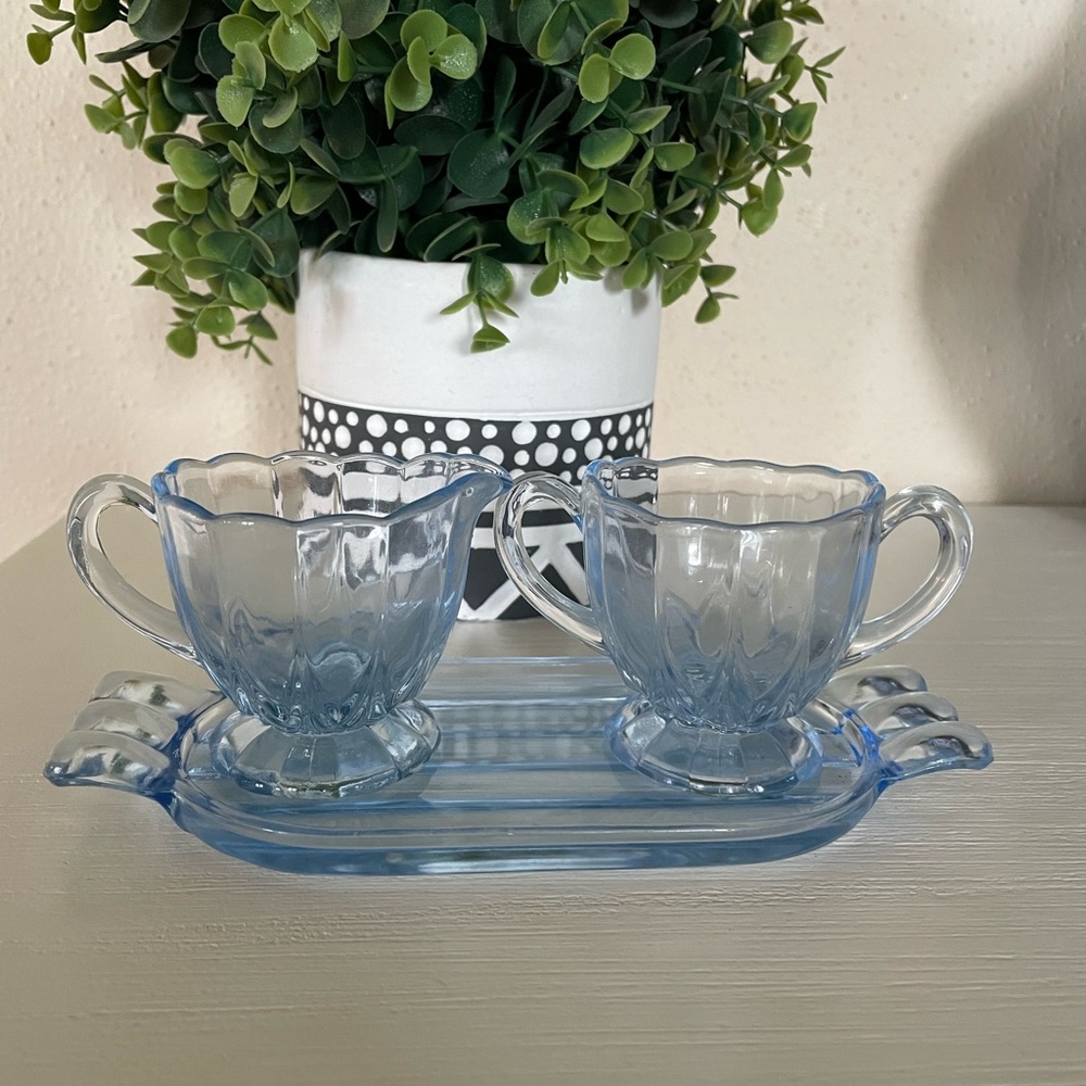 New Martinsville “Janice” Ice Blue Individual Creamer, Sugar, Tray set 1926-1944